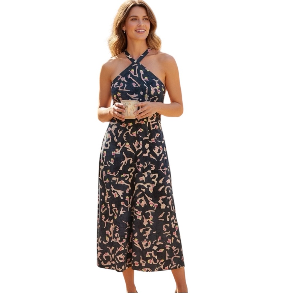 Cabi Printed Halter Jumpsuit Cropped Wide Leg Size 6